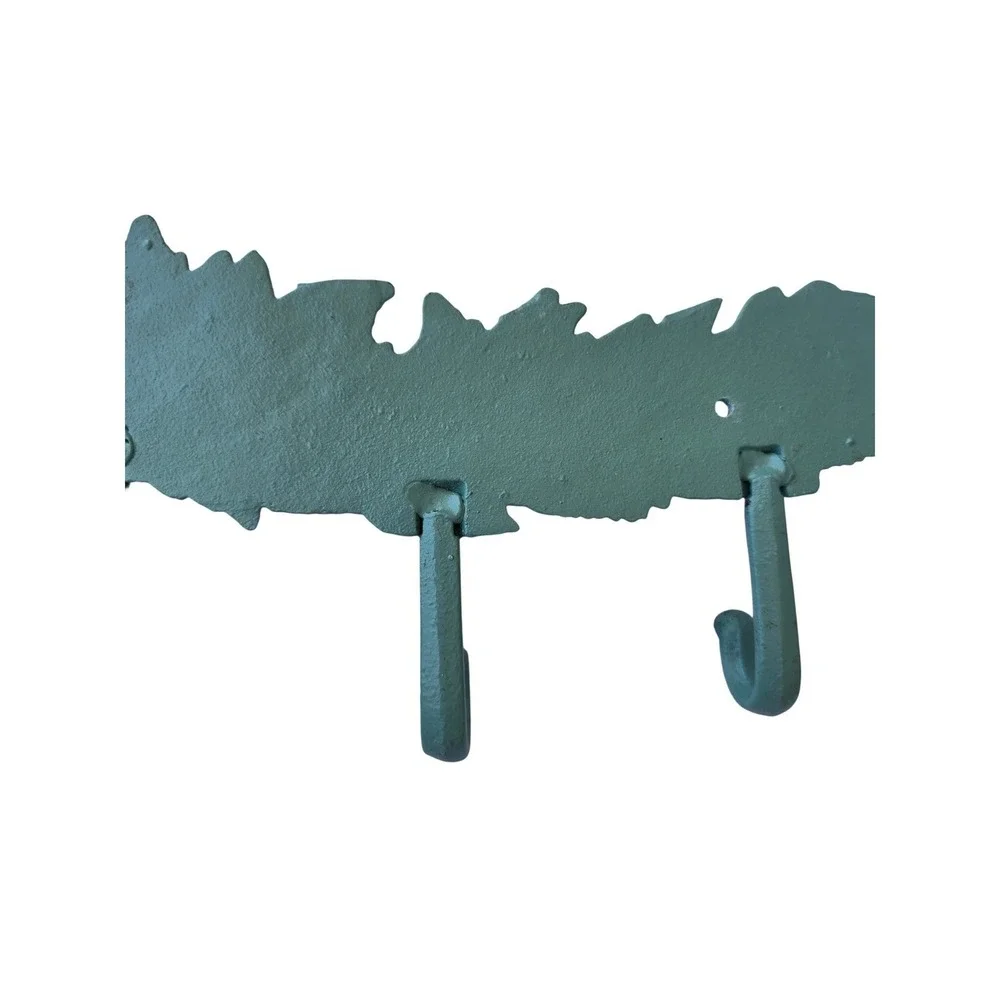 Vintage Cast Iron Feather Wall Hook Rack 3 Hooks Verdigris Green Rustic Decor K3